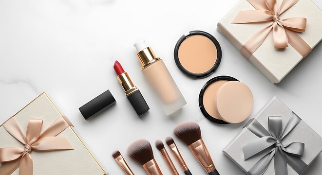 Set of makeup cosmetics and brushes with gift boxes for holiday beauty gift. high-end makeup offers
