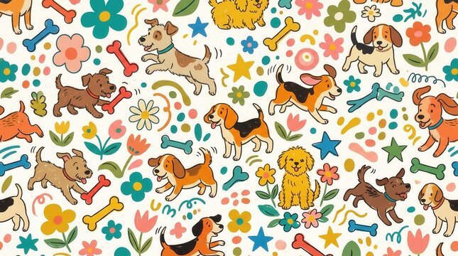 Many happy cartoon puppies play with colorful bones, flowers, and stars on a white background