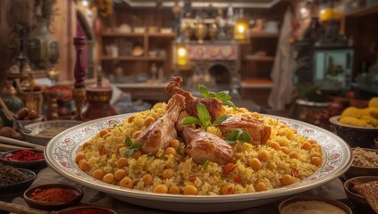 Obraz premium Classic tasty Turkish dish; rice with chickpeas and chicken (Tavuklu nohutlu pilav).