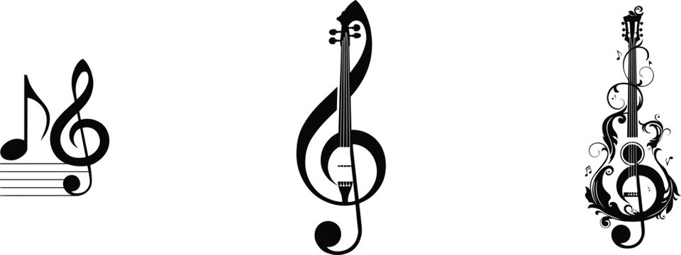 Creative violin and guitar combined with treble clef musical notes vector icons set isolated on a white background