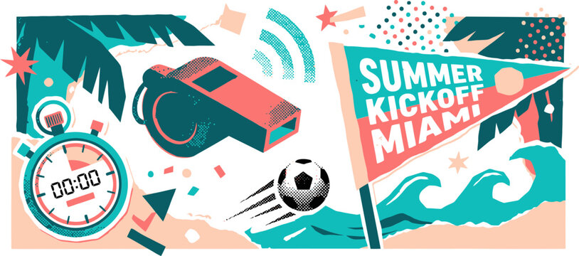 Summer Kickoff Miami soccer event banner, sports tournament vector illustration with whistle and stopwatch, beach football competition graphic