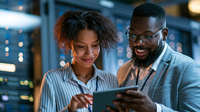 Professional data scientist and AI specialist analyzing algorithms on a tablet near server cabinets, collaborative workplace, modern technology research atmosphere, AI infrastructure, data