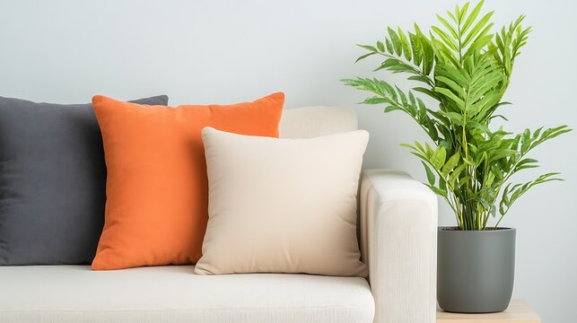 Modern living room with decorative cushions and a lush green plant on a light-colored sofa