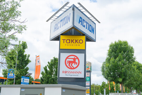 Bad Hersfeld, Germany, 06.05.2026, Retail park advertising totem pillar sign. Commercial signs of Rossmann Takko Action
