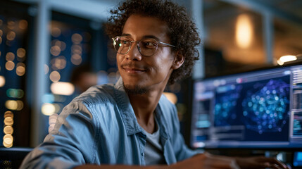 Fototapeta premium Data center employee using visual node software on a large monitor to optimize infrastructure performance, server racks in background, upbeat professional workspace, infrastructure