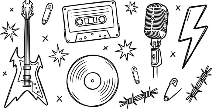 Retro heavy metal rock music element doodle set electric guitar cassette mic vinyl line art vectors