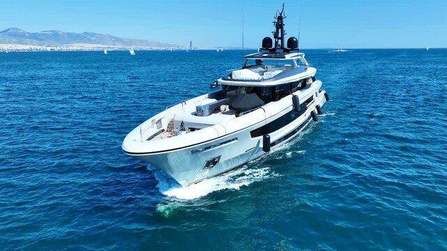 Aerial drone cinematic video of luxury yacht with wooden deck cruising in deep blue Mediterranean Sea