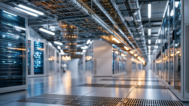 Clean data center hall with raised floor panels, overhead cable trays, evenly spaced server cabinets, minimal futuristic composition, efficient infrastructure design, server room, cloud