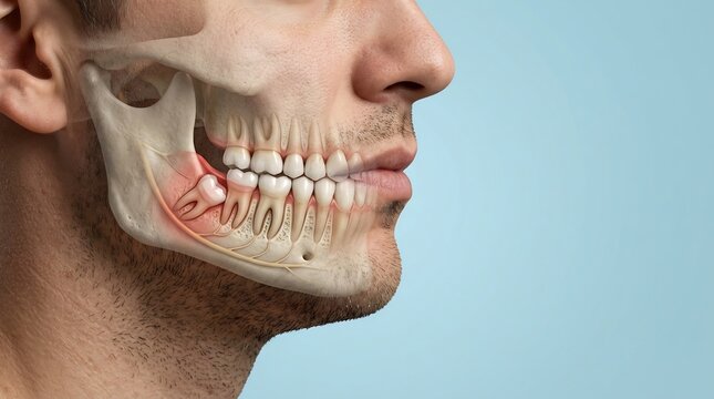 Human jaw anatomy illustration showing an impacted wisdom tooth causing inflammation and pain in a male profile