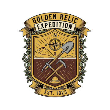 Golden relic expedition archaeology badge with tools and compass.