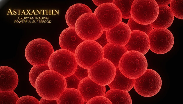 Microscopic macro of glowing ruby red astaxanthin microalgae cells