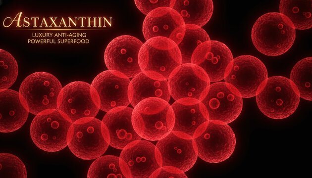 Microscopic macro of glowing ruby red astaxanthin microalgae cells