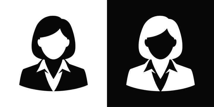 Corporate business woman avatar profile icon graphic. Minimalist black and white professional female executive manager silhouette portrait design.