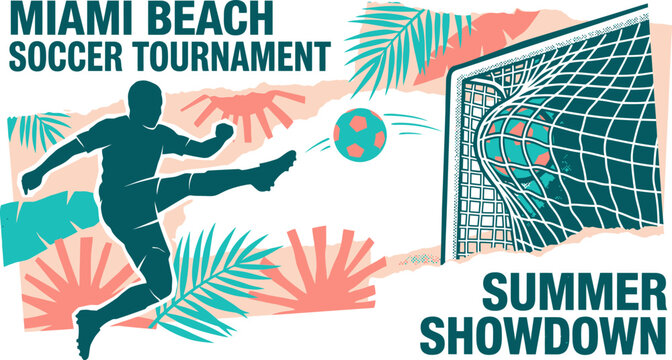 Miami Beach Soccer Tournament Summer Showdown Poster, Football Player Silhouette Kicking Ball into Goal, Tropical Palm Leaf Vector Background