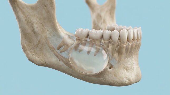 3D Medical Illustration of Human Lower Jaw Anatomy Showing a Dental Cyst and Impacted Tooth in Mandible Bone
