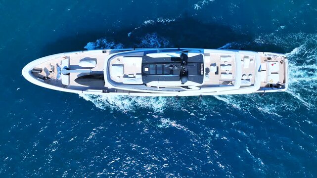 Aerial drone cinematic video of luxury yacht with wooden deck cruising in deep blue Mediterranean Sea