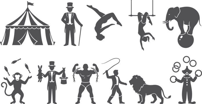 circus performance elements silhouette set with tent performer acrobat elephant trapeze artist juggler lion and magician in vintage style flat vector illustration.