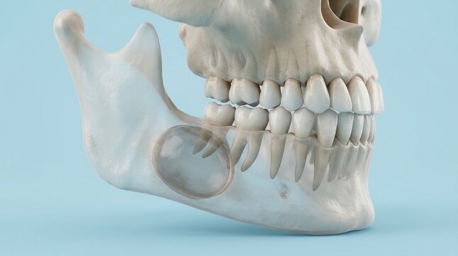 3D medical illustration of a human lower jaw showing a dental cyst in the mandible bone with semi-transparent anatomy