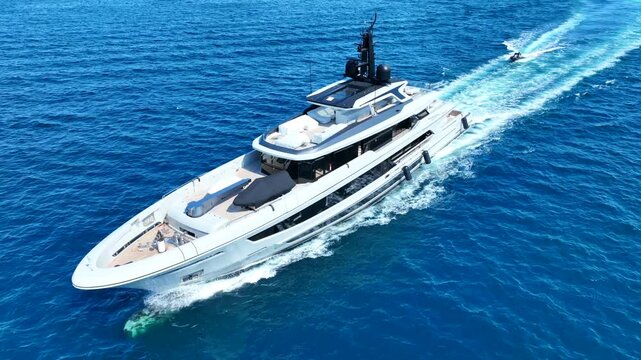 Aerial drone cinematic video of luxury yacht with wooden deck cruising in deep blue Mediterranean Sea