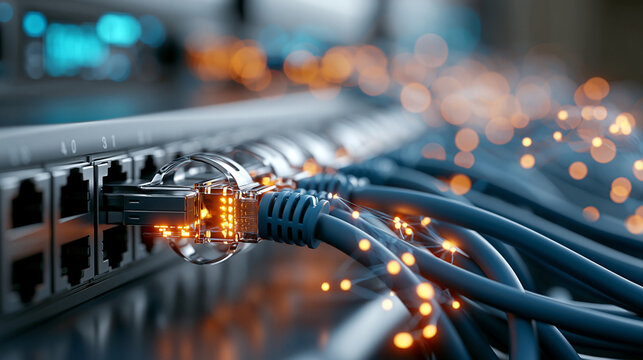 Macro view of network ports with connected LAN cables and glowing activity indicators, precise technical detail, dark modern server environment, ethernet cables, network equipment, data