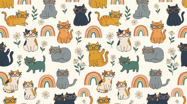 Numerous cute cartoon cats with flower glasses, small rainbows, and daisies form a sweet pattern