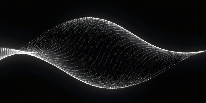 Abstract singular flowing particle wave line on black background with particle abstract technology background futuristic structure vibration connection movement streaming information