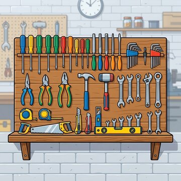 Wooden workbench with various colorful tools and equipment