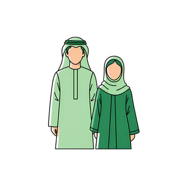 Arab couple avatar vector illustration. Faceless Saudi or Emirati man and woman in traditional green thobe, ghutra, and abaya hijab garments.