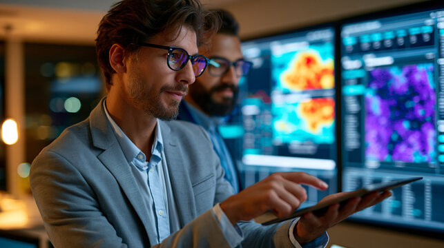 Data center analyst reviewing a large dashboard showing server loads and temperature maps, professional control environment, KPI monitoring, server performance, IT operations, cloud