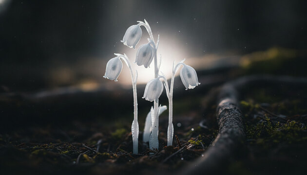 Translucent white Monotropa uniflora ghost plant macro with waxy texture
