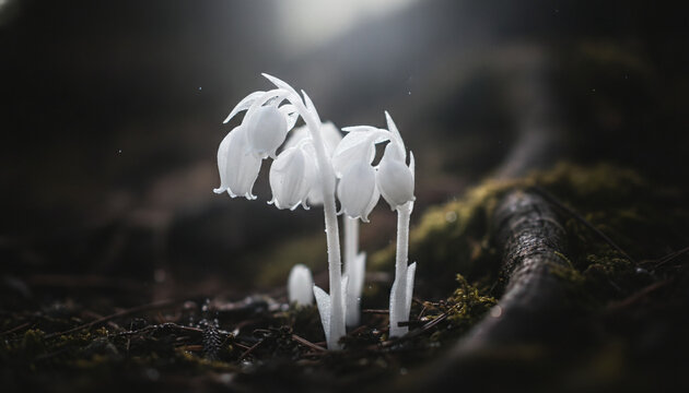Translucent white Monotropa uniflora ghost plant macro with waxy texture