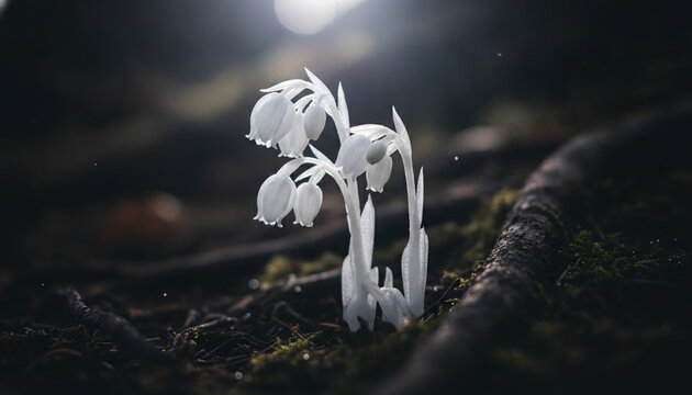 Translucent white Monotropa uniflora ghost plant macro with waxy texture