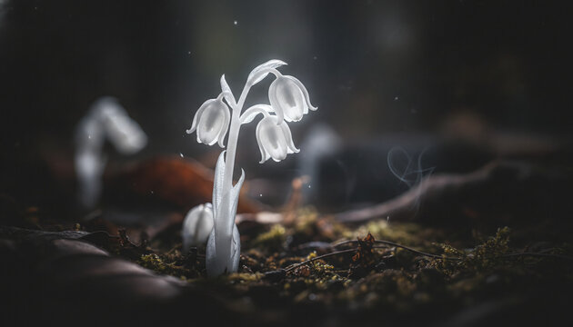 Translucent white Monotropa uniflora ghost plant macro with waxy texture