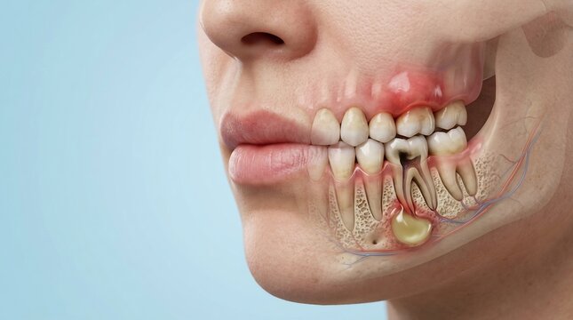 3D anatomical illustration of a human jaw and mouth showing dental abscess, tooth decay, and gum inflammation