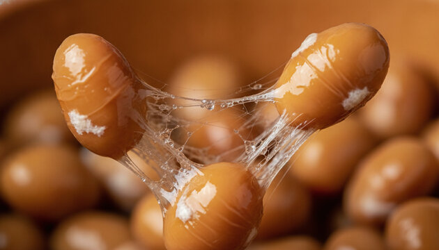 Japanese Natto fermented soybeans macro with sticky viscous thread web