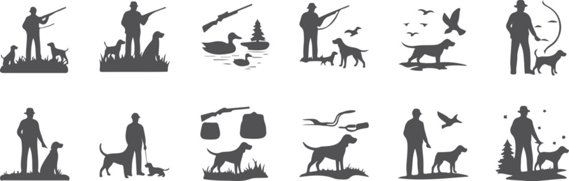 Hunting silhouettes of people and dogs with guns in park scenes and animals on transparent background vector illustration.