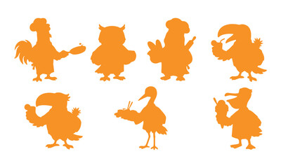 Obraz premium Set of cute bird characters in chef hats holding food and kitchen utensils, orange silhouettes