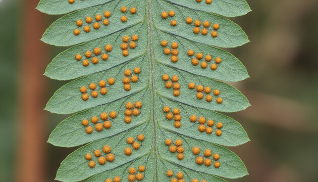 Blue Star fern leaf underside macro with golden orange sori spore clusters