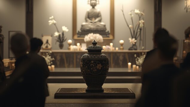 Detailed view of a cremation vessel at a Buddhist altar during a memorial.