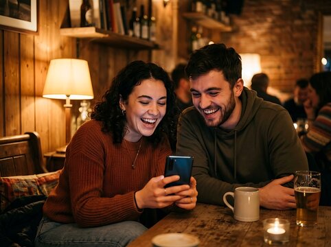 Couple laughing while looking at a smartphone in a cozy pub atmosphere