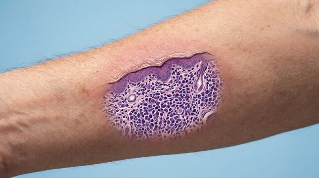 Conceptual medical illustration of skin histology showing lymphocyte infiltration on a human forearm