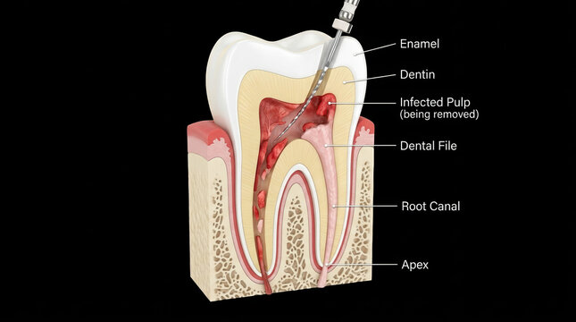 Dental procedure root canal treatment dental clinic scientific illustration educational environment close-up view oral health