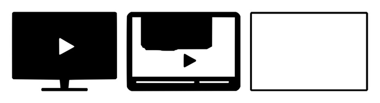 Solid black icon, white background: online course video set with simple line art design featuring line art, illustrations, graphic resources with vector and design elements