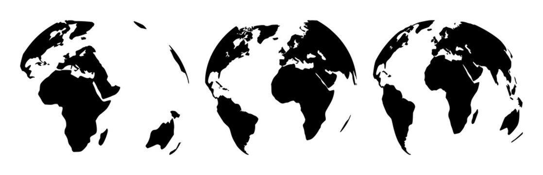 Black silhouette, white background: world globe set with simple line art design featuring outline, illustration, graphic elements with clean design and vector art