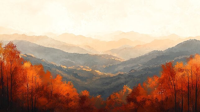 Vibrant autumn trees in the foreground against a backdrop of distant hazy mountains under a warm sky