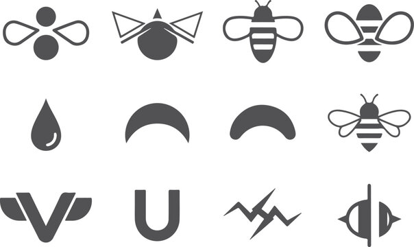 Collection of bee icons and abstract shapes in dark grey on transparent background vector elements.