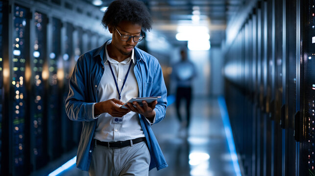 Server farm worker walking between rack rows with a diagnostic tablet, reflective floor and clean blue lighting, professional inspection route, data center operations, server monitoring,