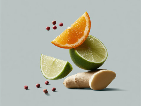 Orange wedge, lime wedge, ginger root, and red peppercorns on gray background, fresh and vibrant food ingredients for healthy cooking