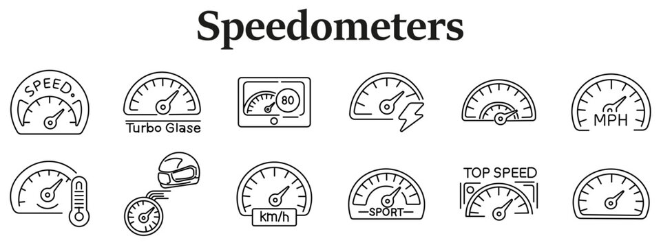 Speedometer gauges set icon. Speed dial, turbo meter, digital display, lightning dial, mph scale, thermometer gauge, helmet speed, sport dial, top speed indicator line style