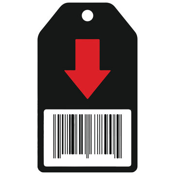 Black vertical price tag with red downward arrow and scanned barcode symbol scanning commerce